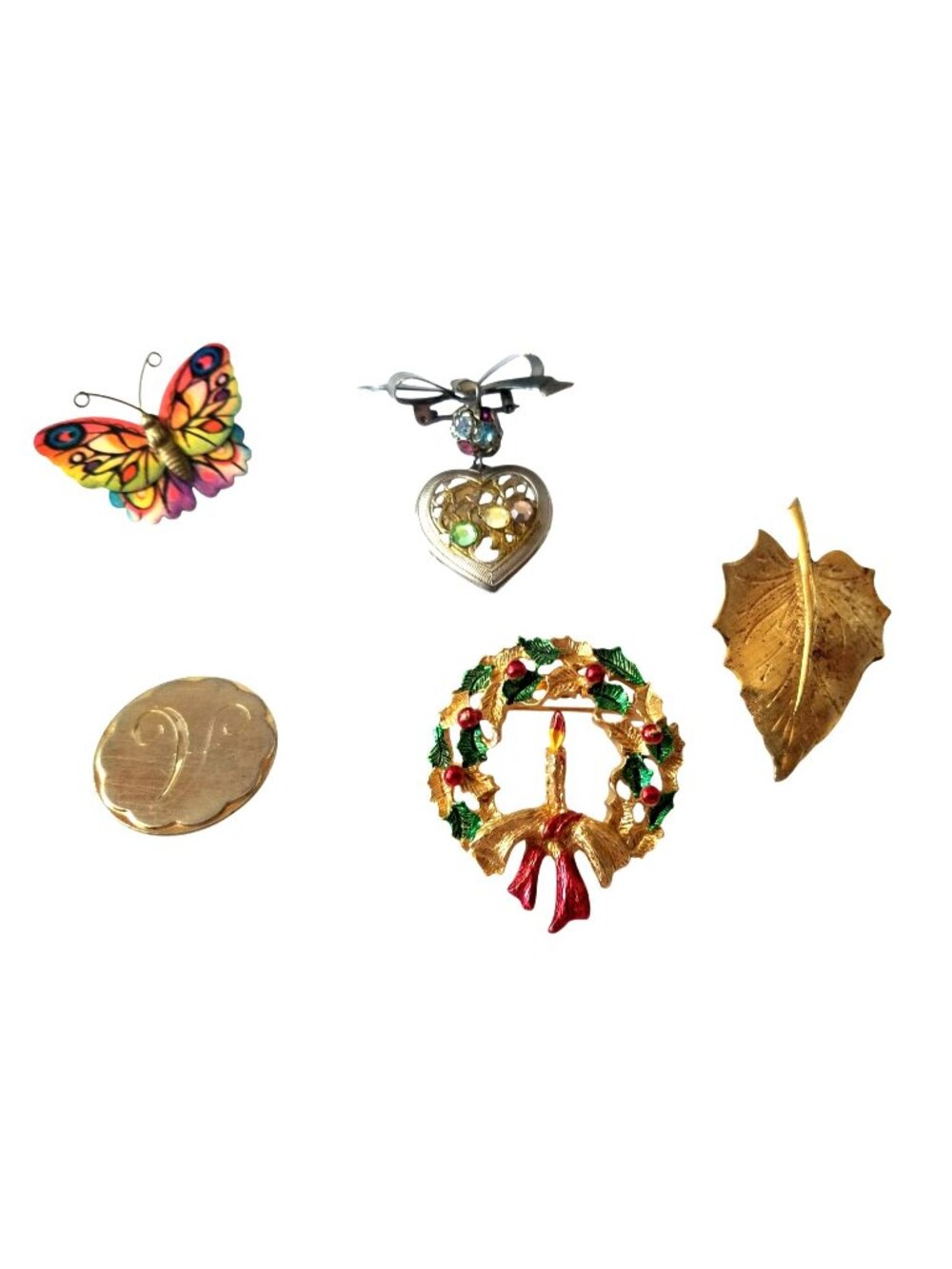 Vintage Costume Jewelry Brooches Lot Of 5 - Butterfly Heart Leaf Wreath Goldtone